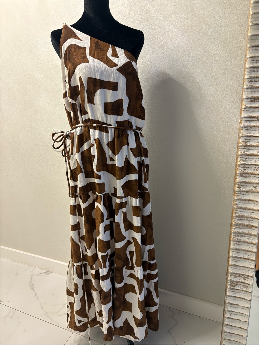 ELOQUII One-Shoulder Brown & White Abstract Print Maxi Dress